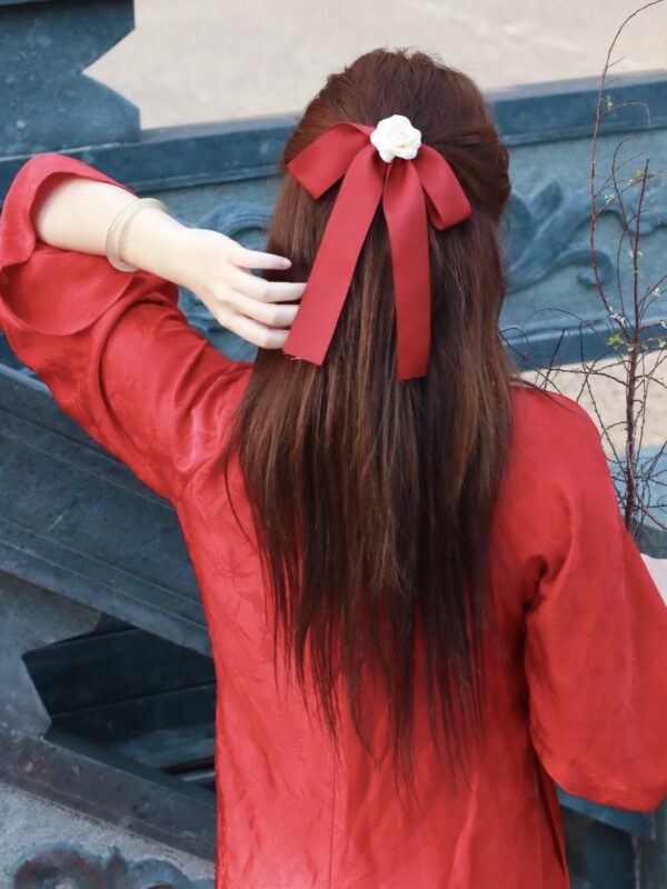 Dây cột tóc/ buộc tóc ruy băng đỏ đính hoa phong cách tiểu thư mã D43